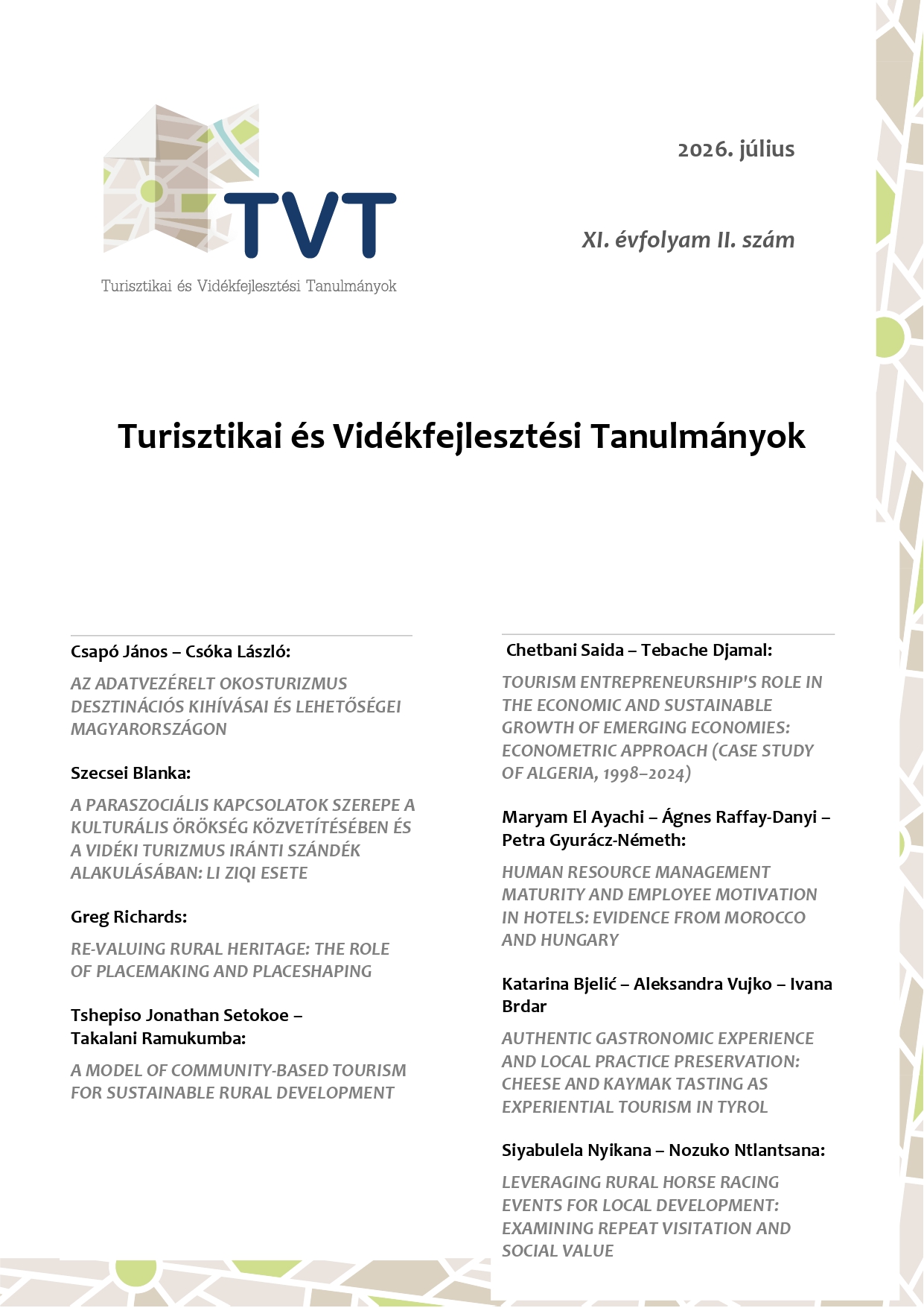 					View Évf. 11 szám 2 (2026): Turisztikai és Vidékfejlesztési Tanulmányok
				